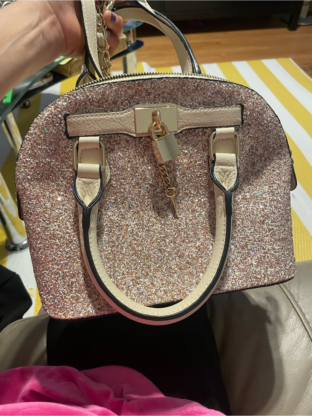 Aldo Rose Gold Glitter Satchel with Cream Trim